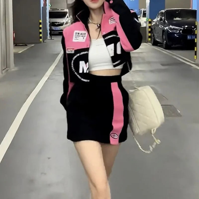 Women's Pink Biker Jacket & Mini Skirt Set