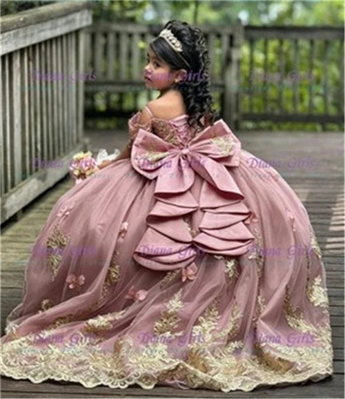Pink Tulle Flower Girl Dress with Appliqué