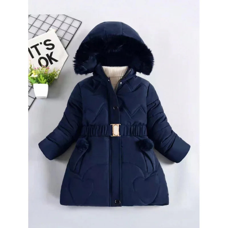 Girls' Hooded Winter Coat with Fur-Style Collar | Model Pink
