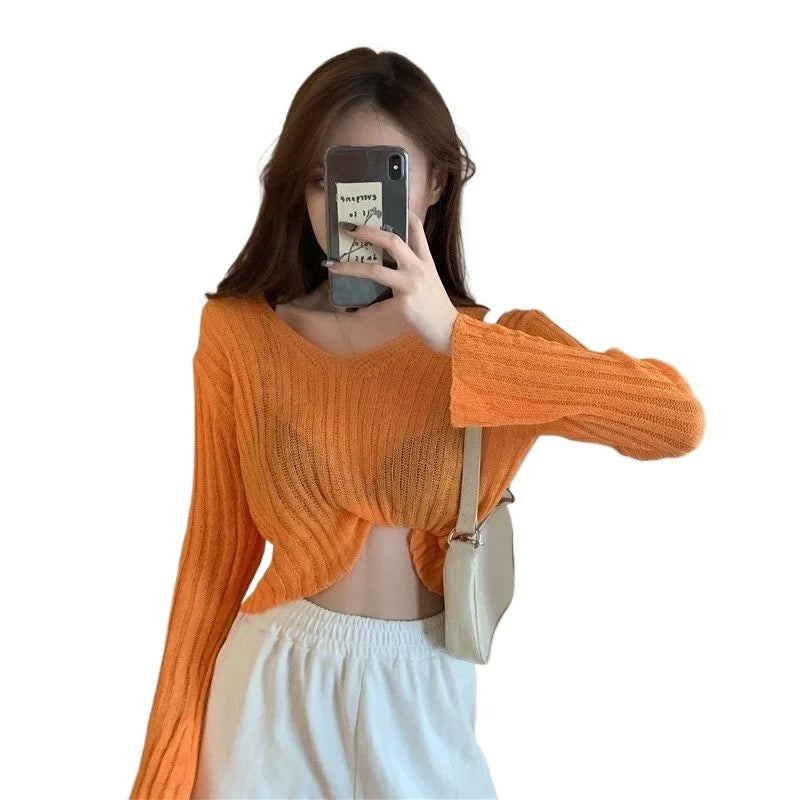 Women's Loose-Fit V-Neck Acrylic Knit Top