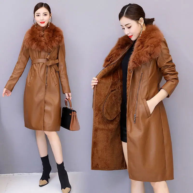 Women's Mid-Length PU Coat with Detachable Fur Collar | Model Pink