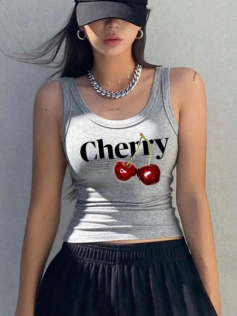 Cherry Print Ribbed Knit Tank Top