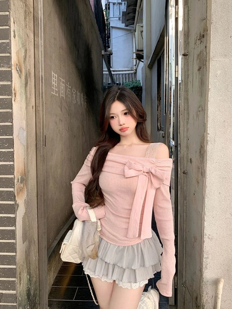 Women's Pink Off-Shoulder Bow Crop Top