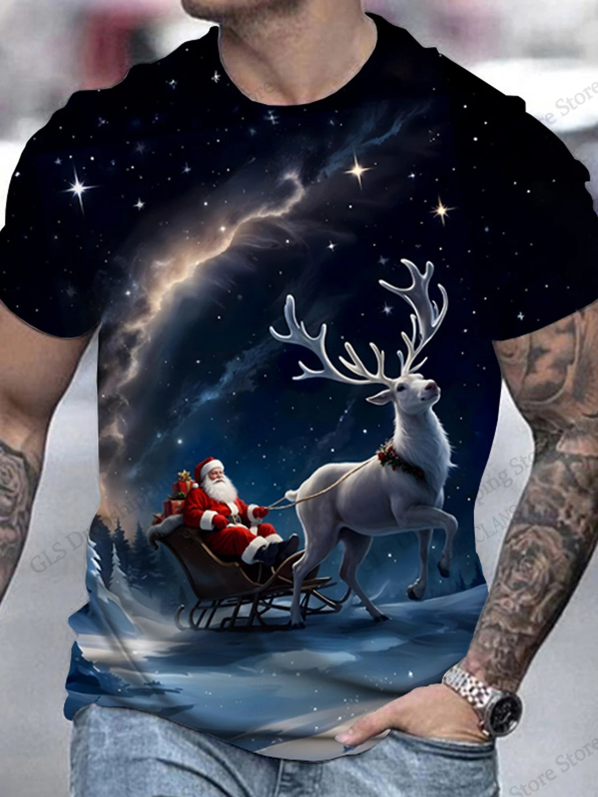 Christmas Tree & Santa Graphic Crew Neck T-Shirt