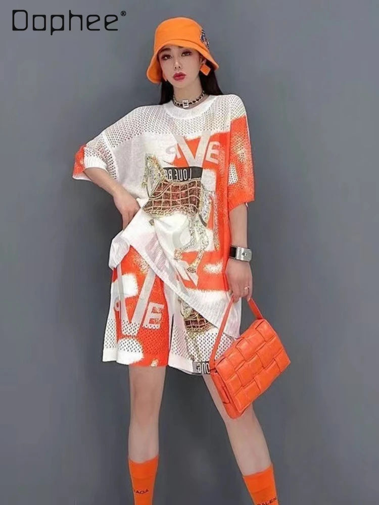 Women's Cartoon Rhinestone Two-Piece Top and Shorts Set