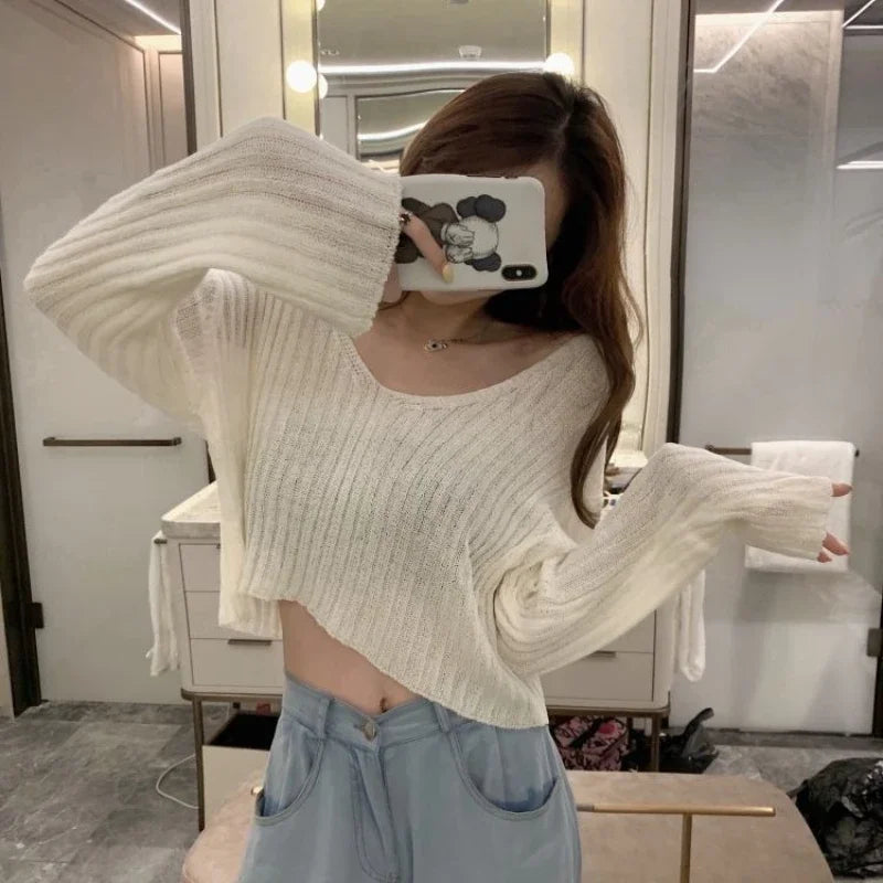 Women's Loose-Fit V-Neck Acrylic Knit Top