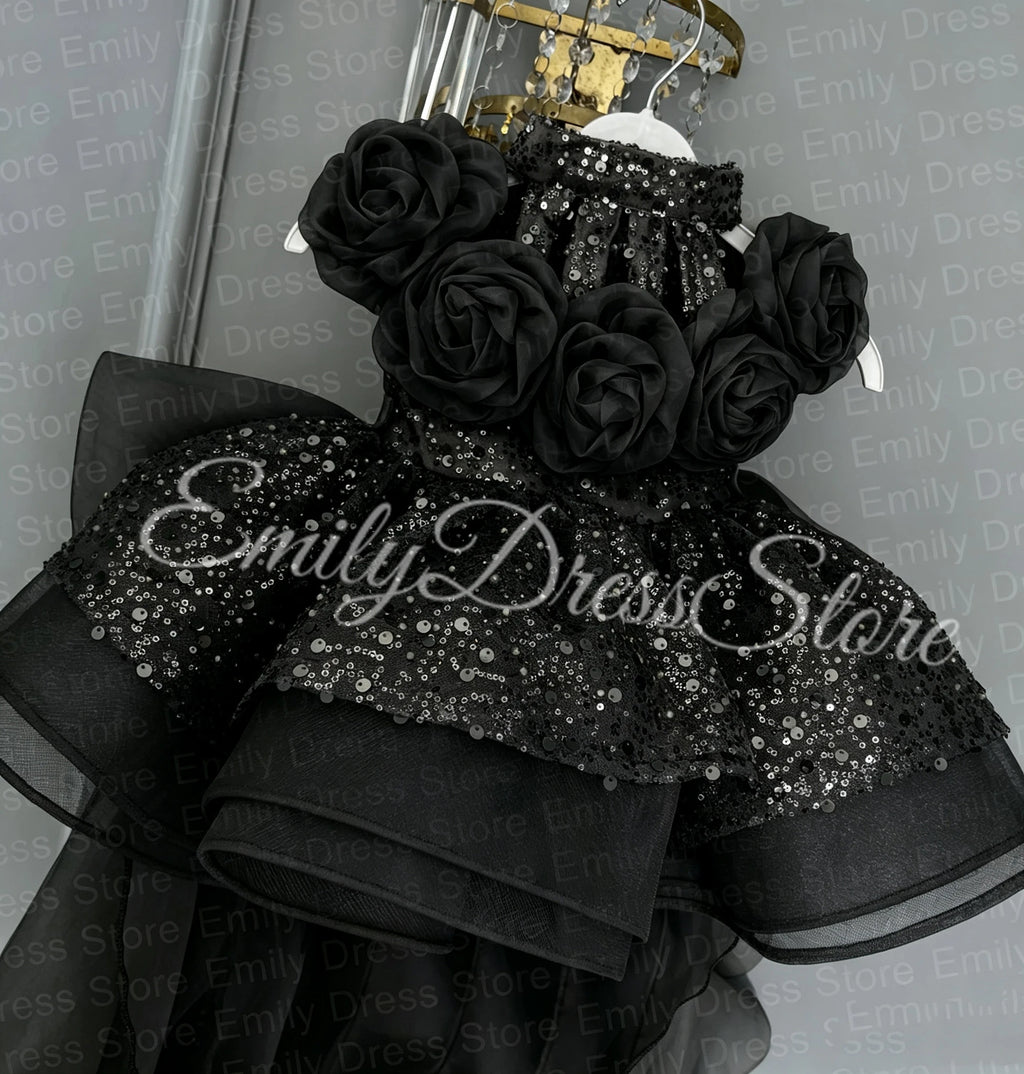 Champagne Tulle Flower Girl Dress with Floral Appliqué & Sequins