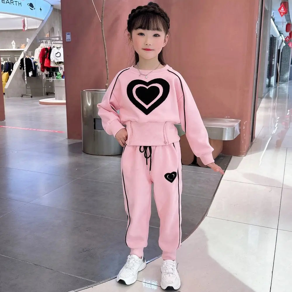 Girls’ Heart-Print 2-Piece Outfit – Long-Sleeve Top & Trousers