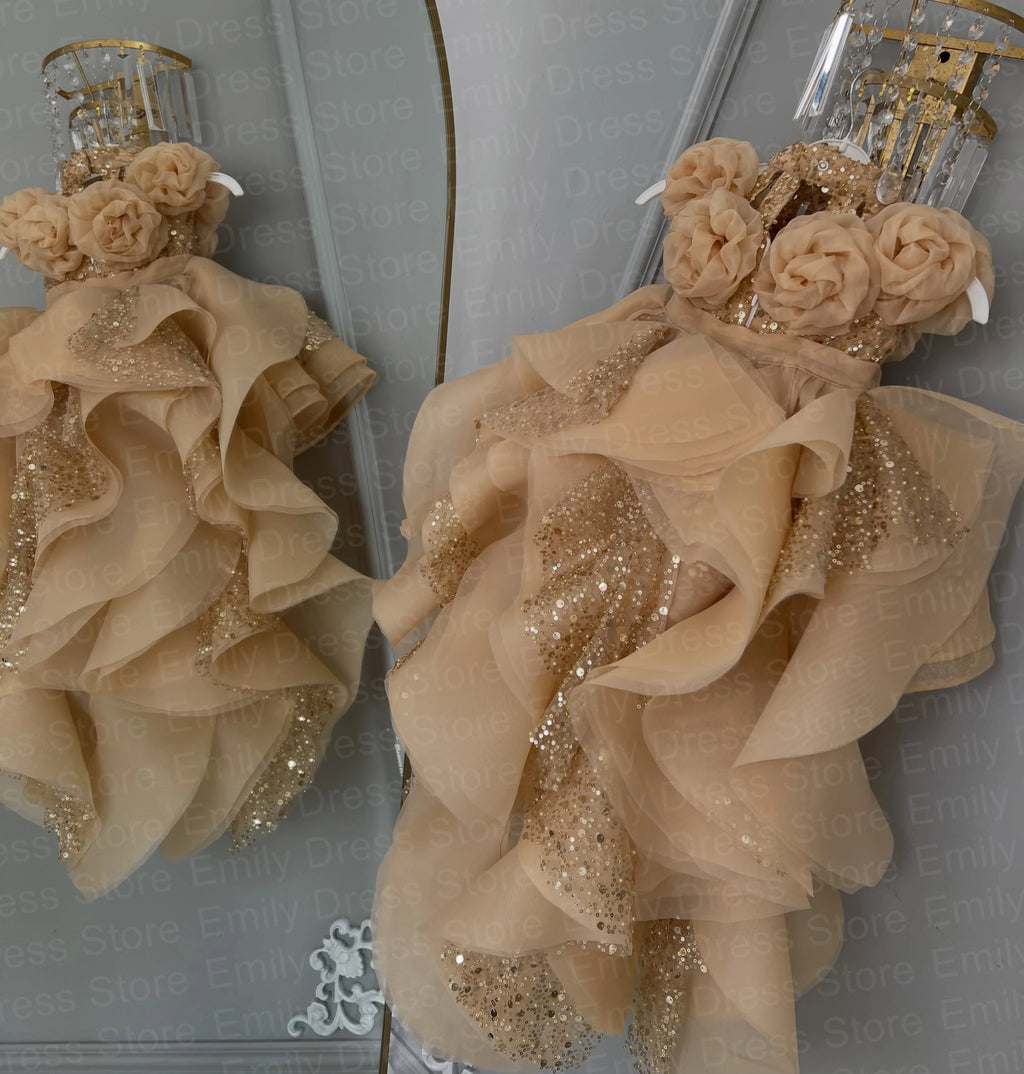 Champagne Tulle Flower Girl Dress with Floral Appliqué & Sequins