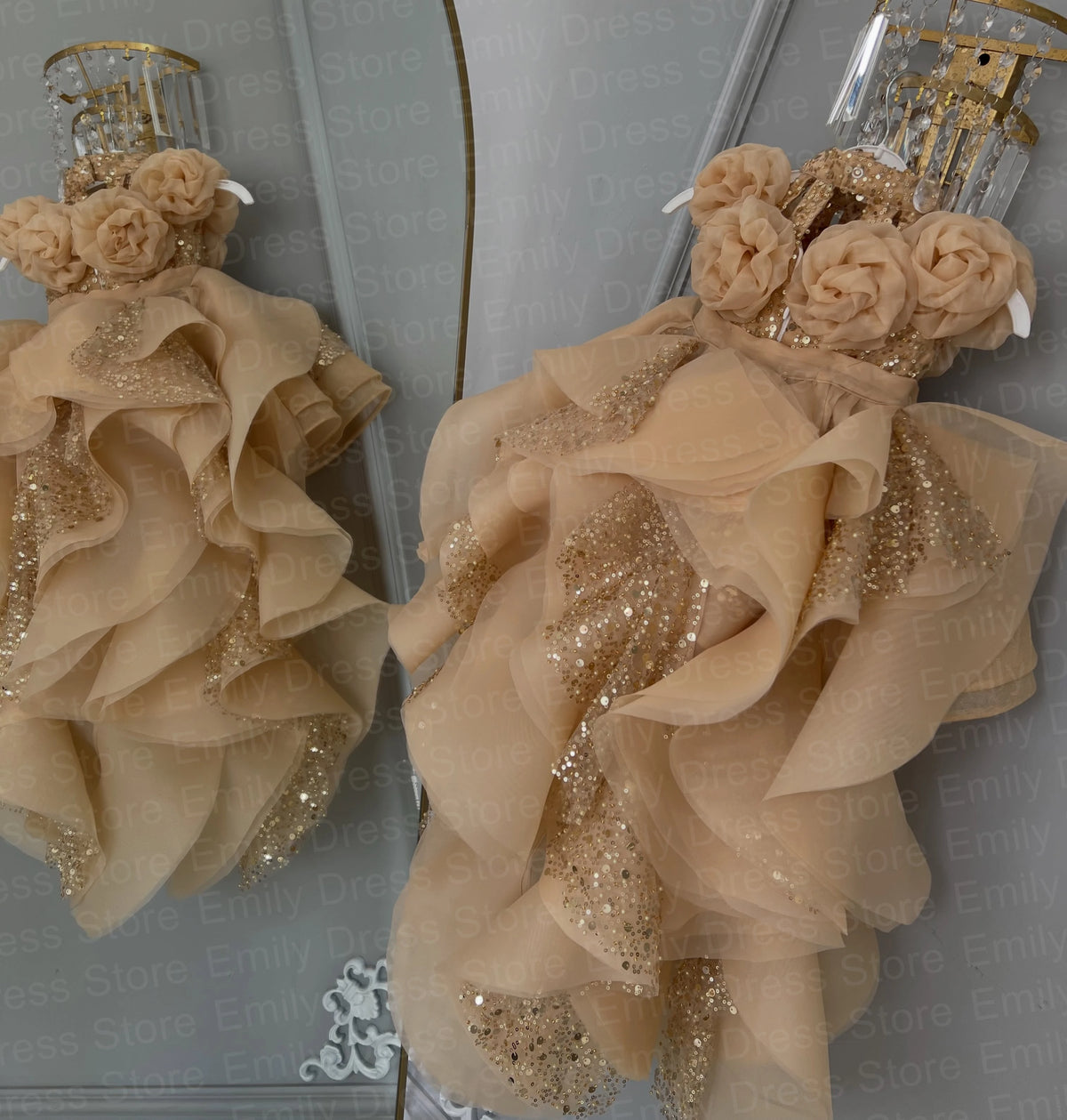 Champagne Tulle Flower Girl Dress with Floral Appliqué & Sequins
