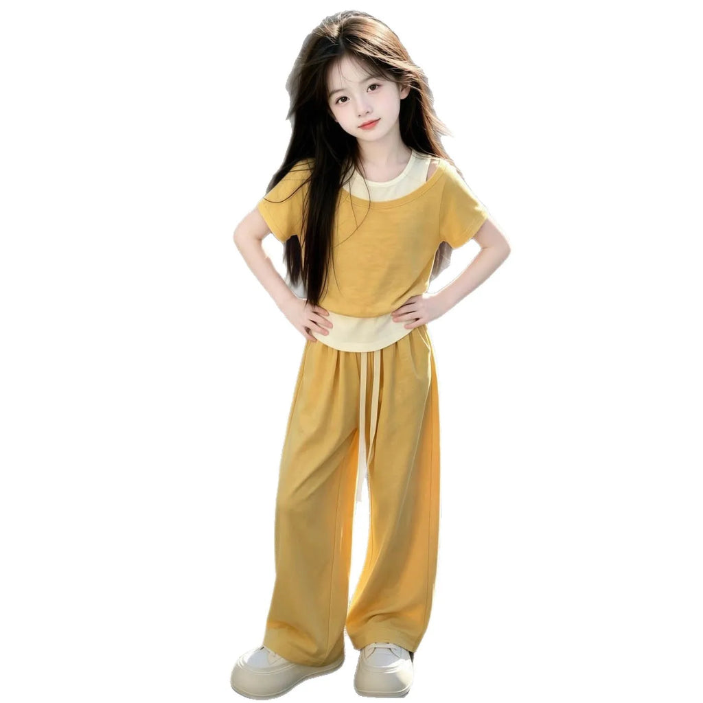 Girls' 2-Piece Layered Crop Top & Wide-Leg Pants Set