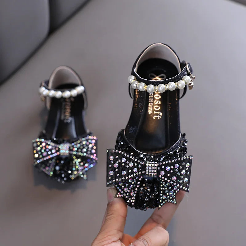 Girls' Leather Sandals with Sequin Bow Detail