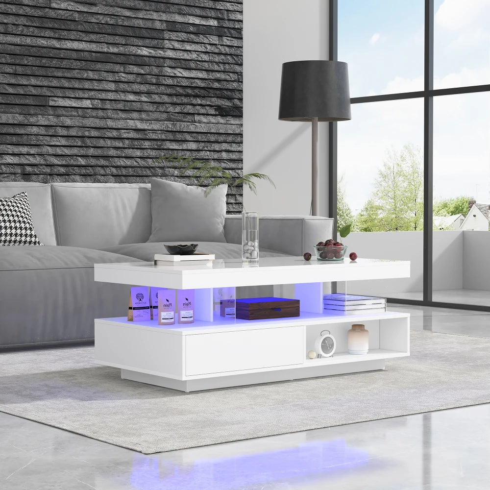 High-Gloss LED Coffee Table with Glass Inserts & 2 Drawers