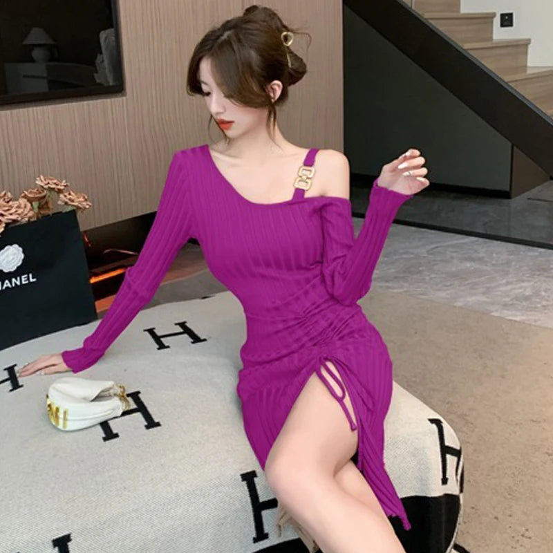 Women’s Ribbed Knit Bodycon Dress with Asymmetric Neckline