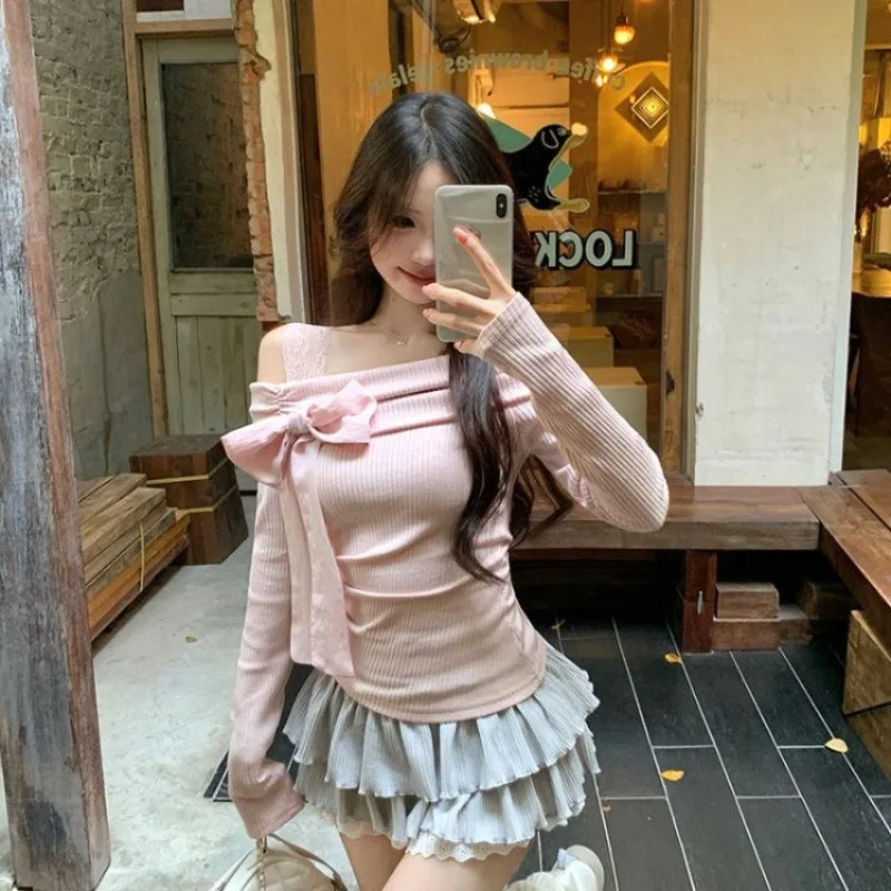 Women's Pink Off-Shoulder Bow Crop Top