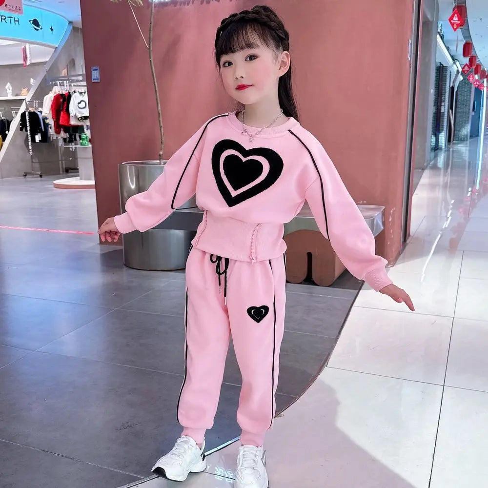 Girls’ Heart-Print 2-Piece Outfit – Long-Sleeve Top & Trousers