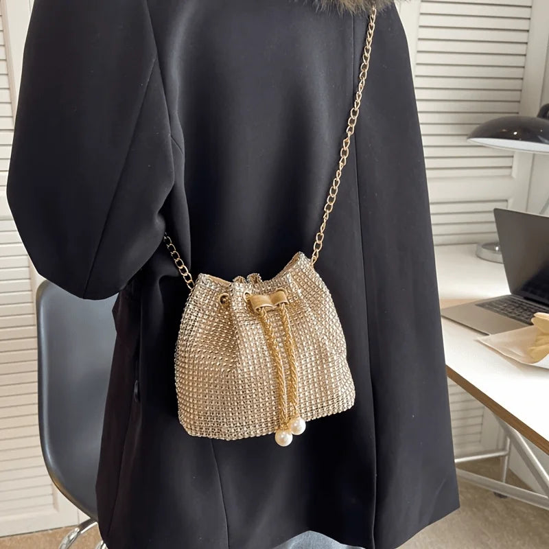 Rhinestone Drawstring Bucket Crossbody Bag