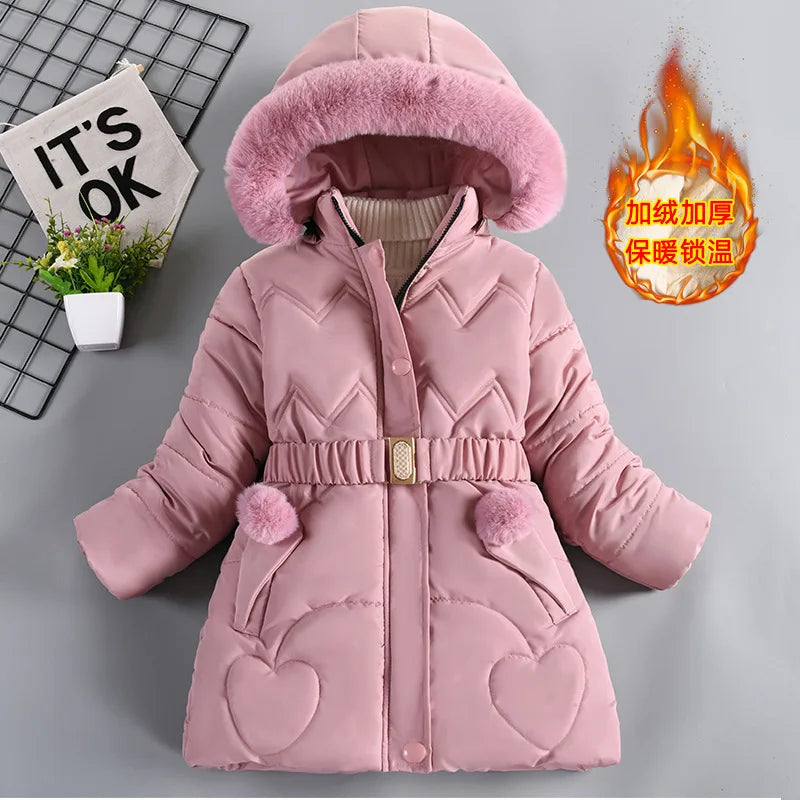 Girls' Hooded Winter Coat with Fur-Style Collar | Model Pink