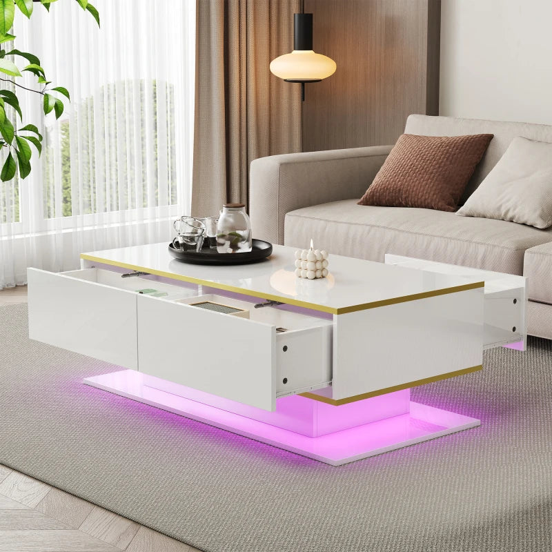 White & Gold LED Coffee Table with 3 Drawers