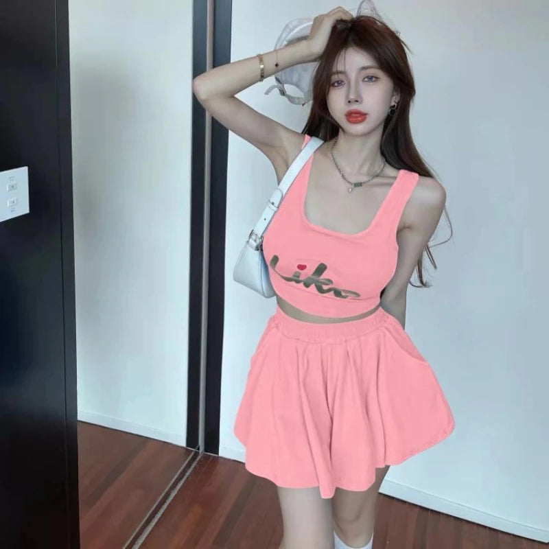 Women's Sleeveless Crop Top & Pleated Skirt Set