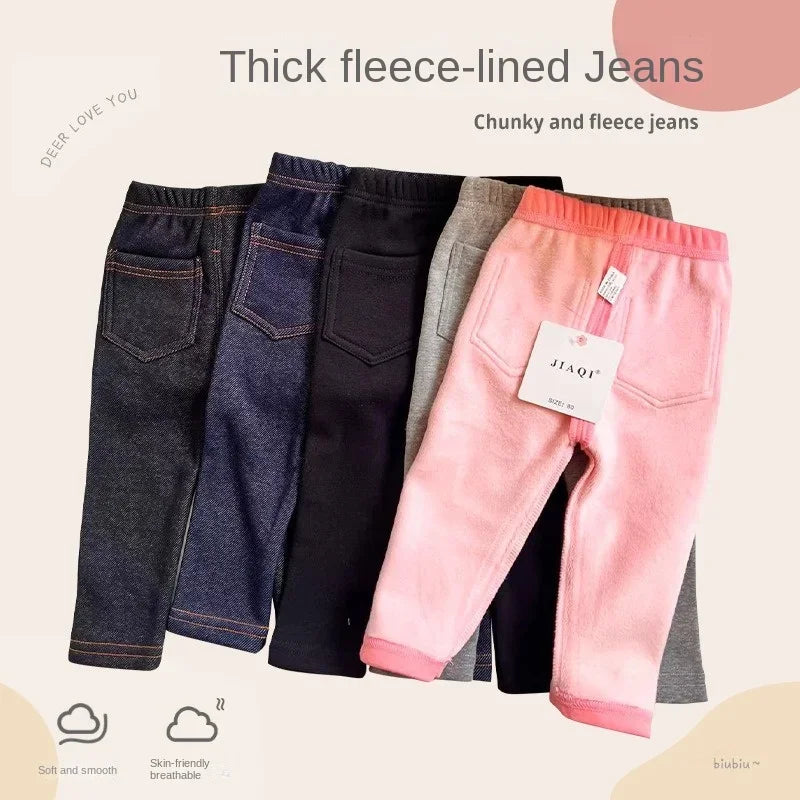 Kids' Fleece-Lined Denim Jeans with Elastic Waist