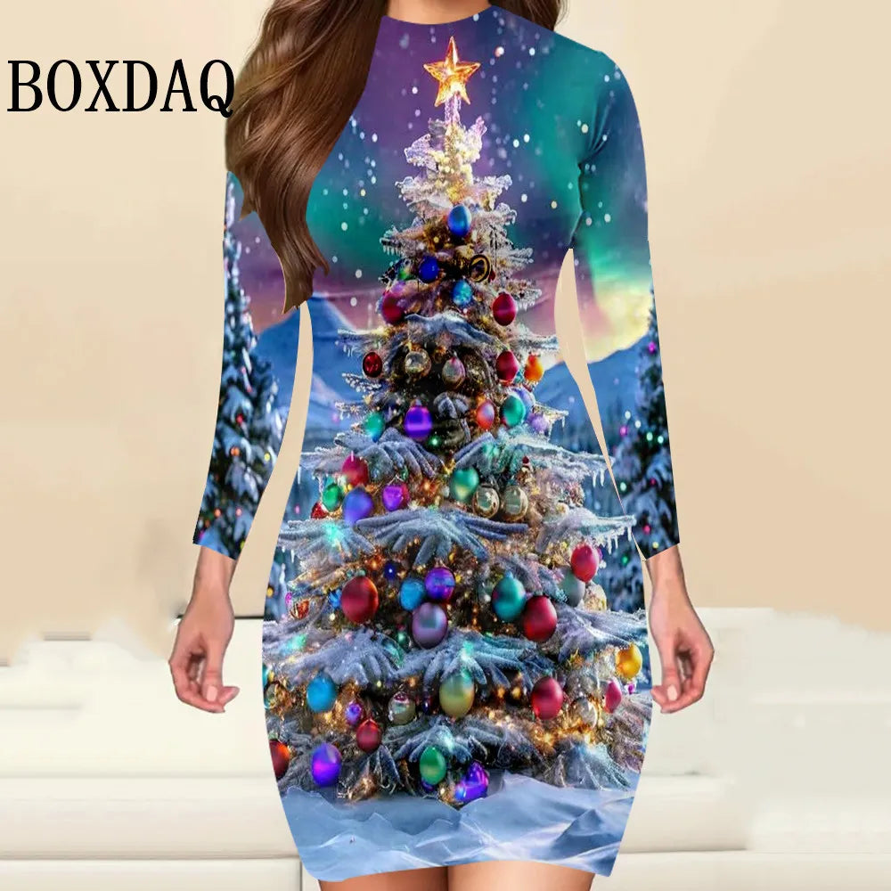 Christmas Print Long-Sleeve Bodycon Mini Dress