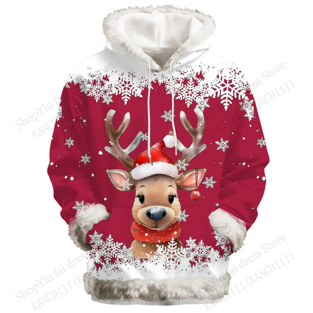 Christmas Reindeer & Snowflake Print Pullover Hoodie