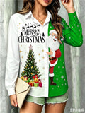 Christmas Tree & Santa Print Long-Sleeve Button-Up Shirt
