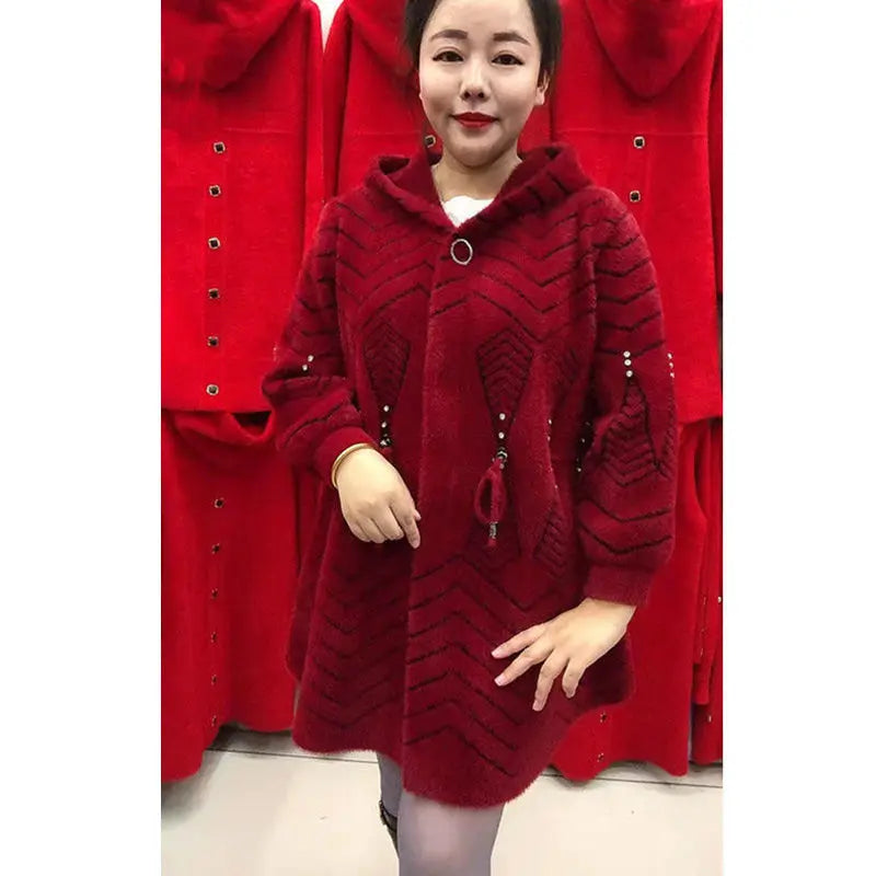 Women's Long Hooded Knit Cardigan Coat | Model Pink