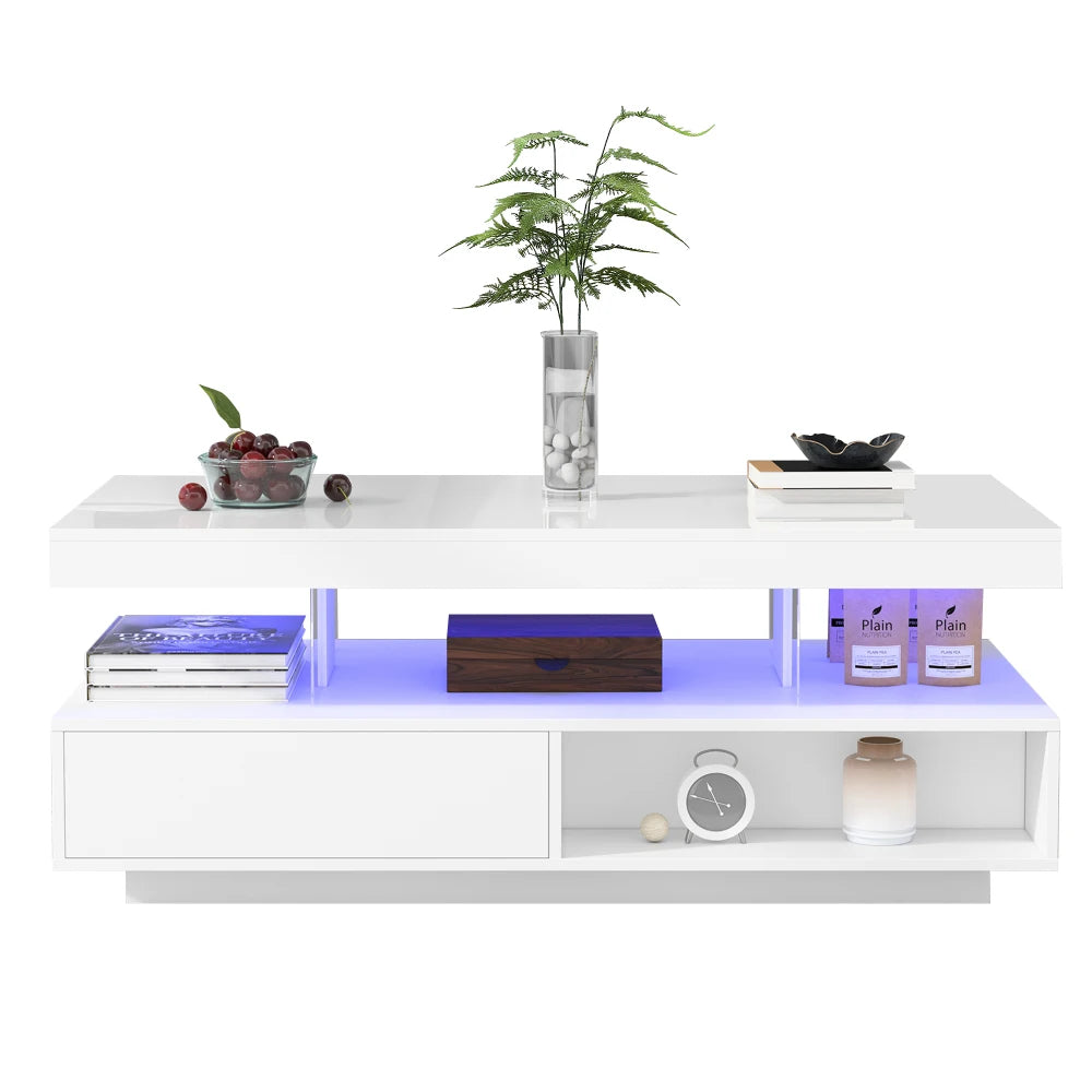 High-Gloss LED Coffee Table with Glass Inserts & 2 Drawers