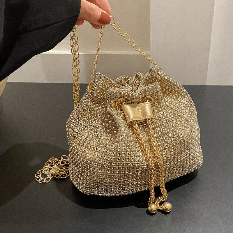 Rhinestone Drawstring Bucket Crossbody Bag