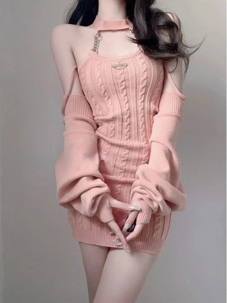 Women's Pink Knit Crop Top & Mini Dress Set