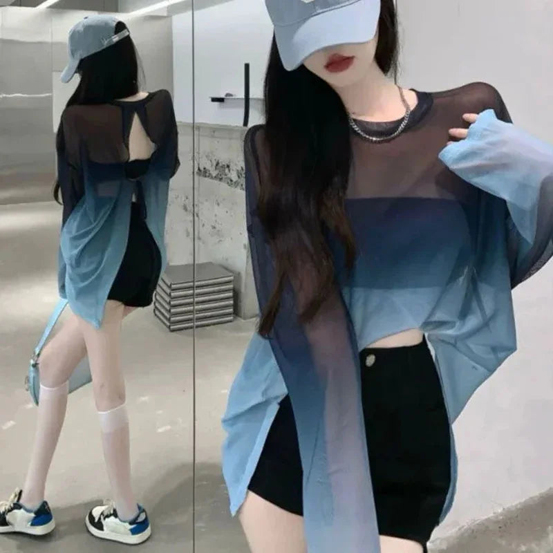 Women's Gradient Sheer Backless Long-Sleeve Top
