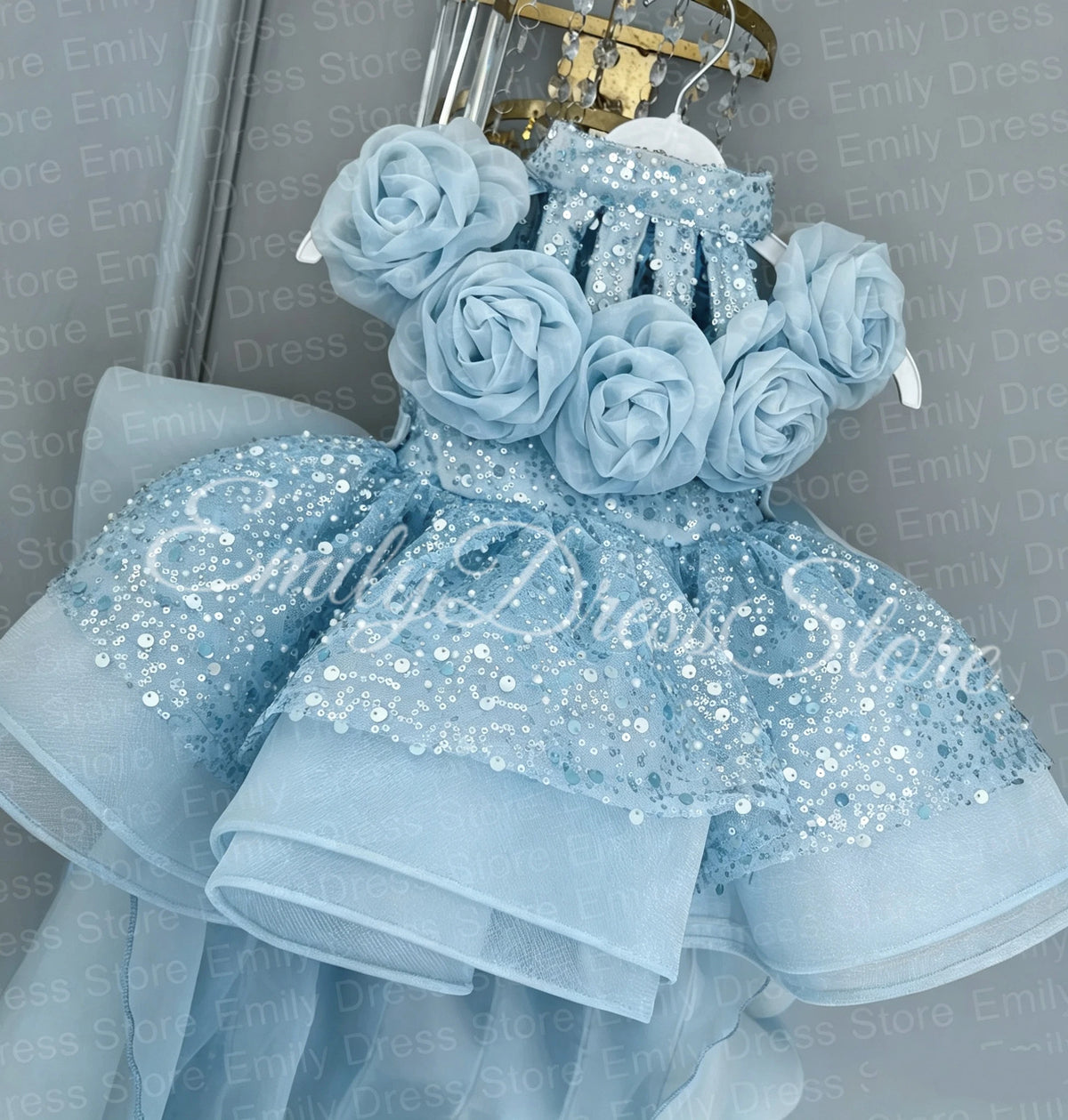 Champagne Tulle Flower Girl Dress with Floral Appliqué & Sequins