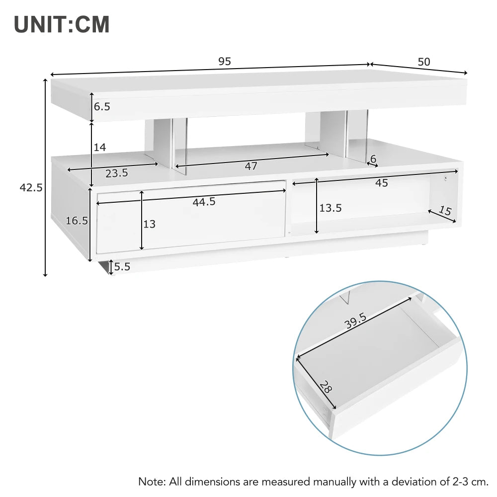 High-Gloss LED Coffee Table with Glass Inserts & 2 Drawers