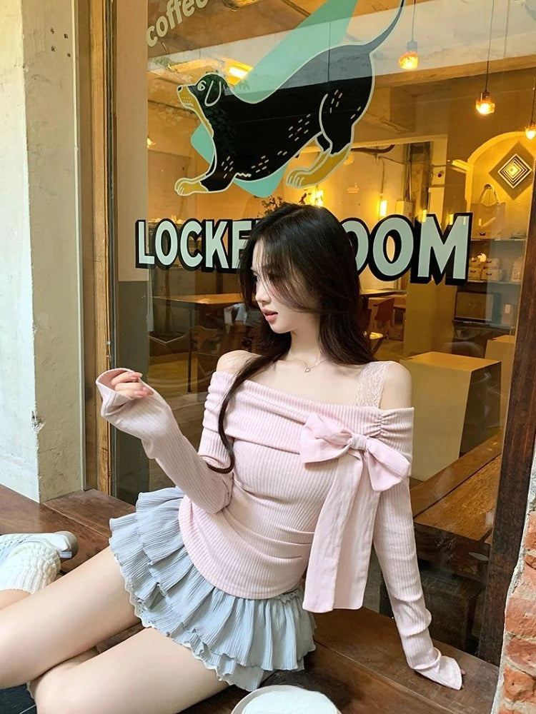 Women's Pink Off-Shoulder Bow Crop Top