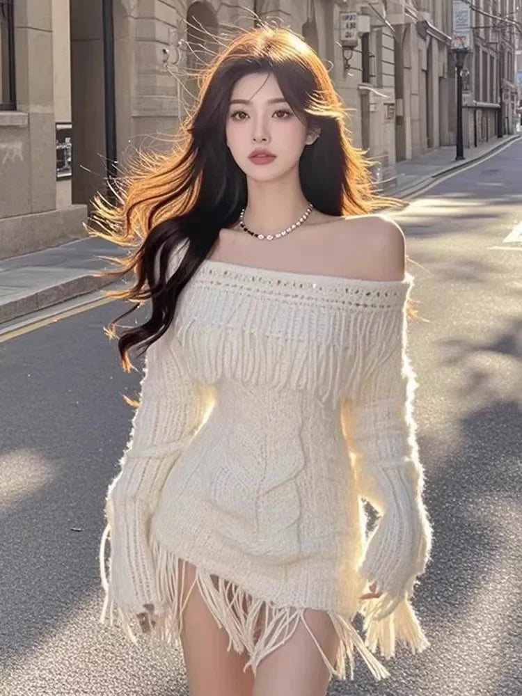 Off-Shoulder Long-Sleeve Knit Mini Dress
