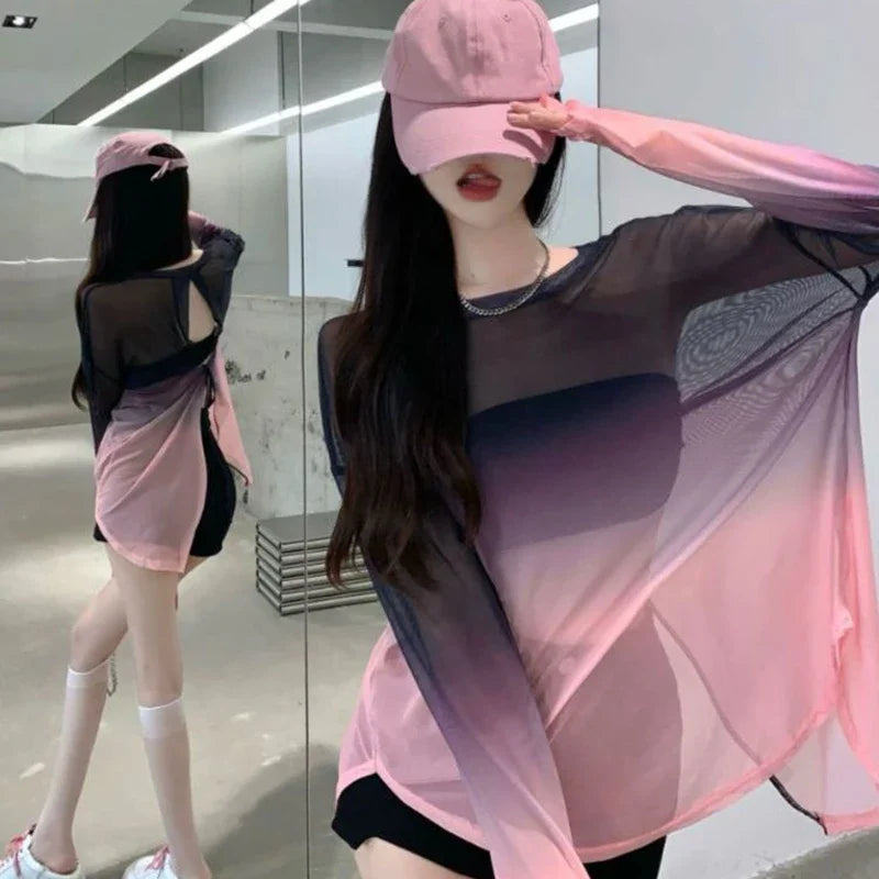 Women's Gradient Sheer Backless Long-Sleeve Top