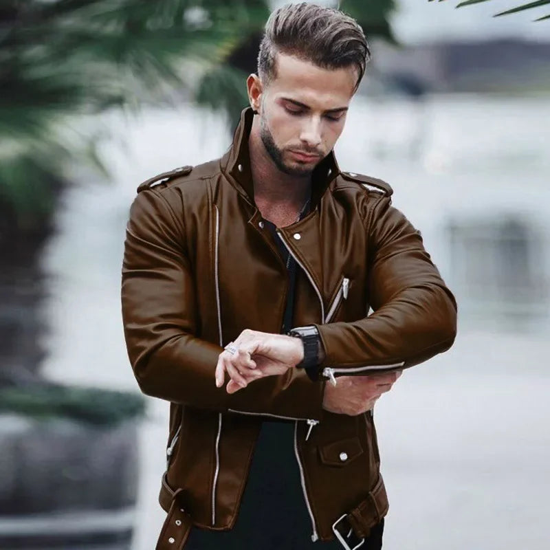 Men’s PU Faux-Leather Stand-Collar Jacket