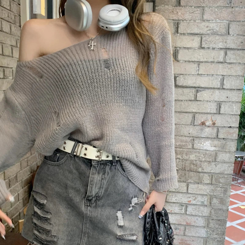 Women's Fluffy Distressed Knit Pullover Sweater