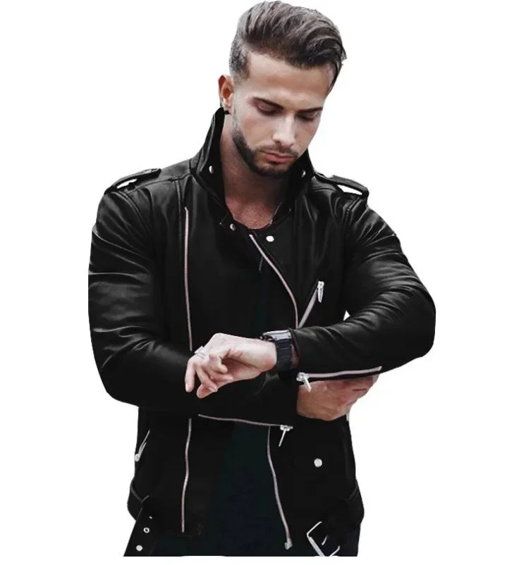 Men’s PU Faux-Leather Stand-Collar Jacket