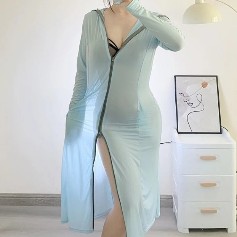 Women's Blue Sheer Zip-Front Beach Cover-Up