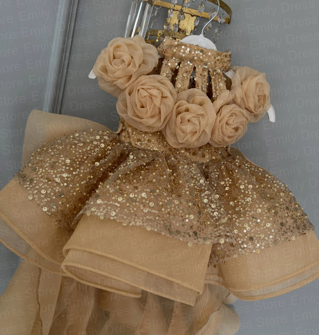 Champagne Tulle Flower Girl Dress with Floral Appliqué & Sequins