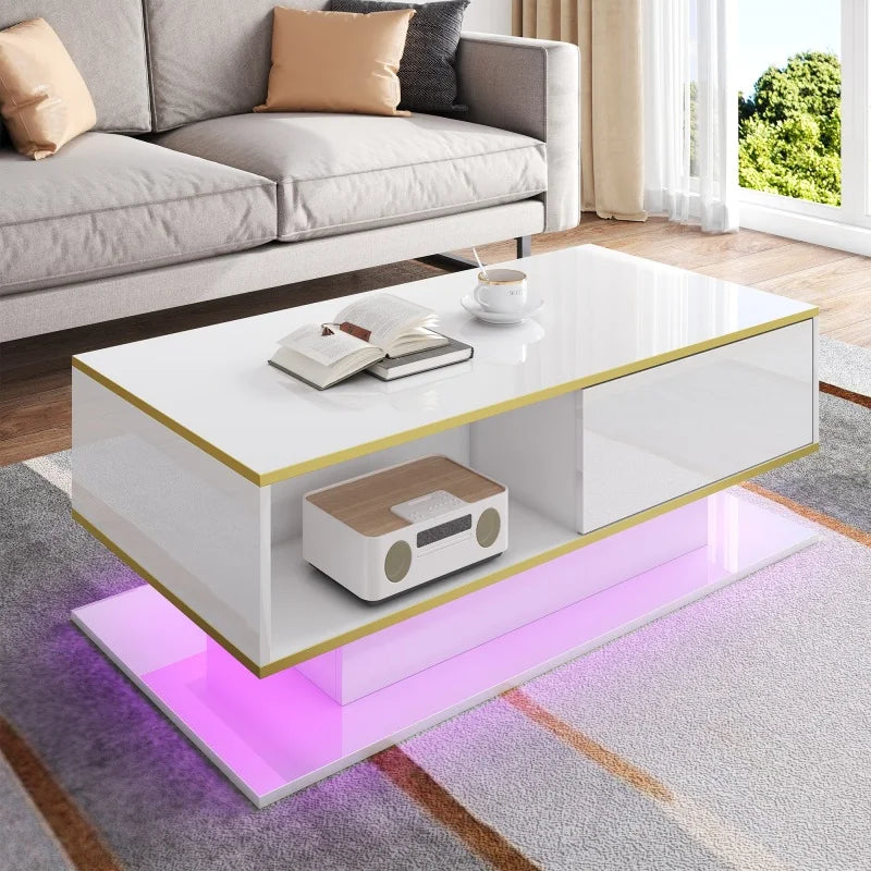 White & Gold LED Coffee Table with 3 Drawers