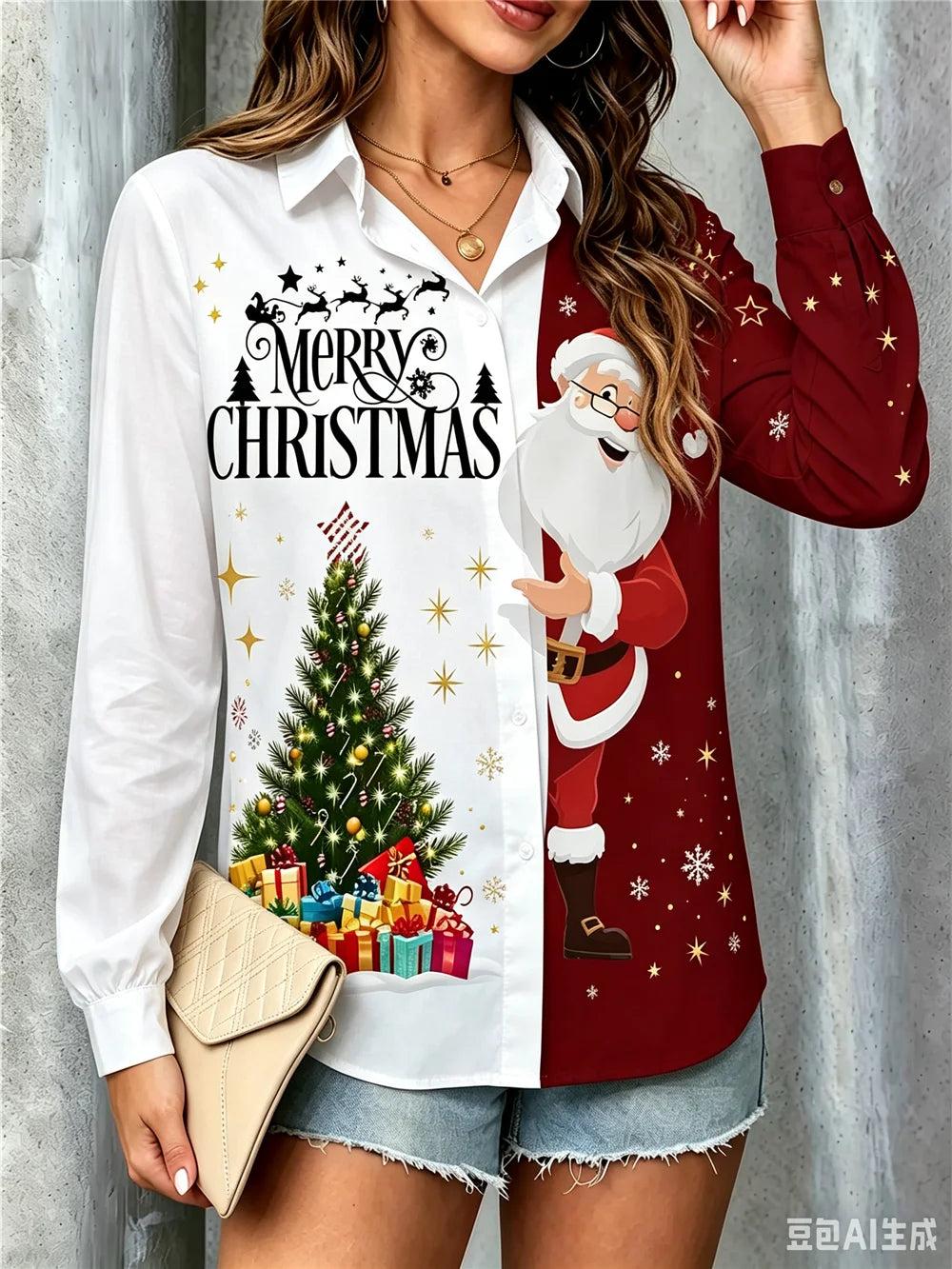 Christmas Tree & Santa Print Long-Sleeve Button-Up Shirt