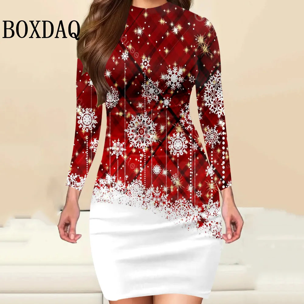 Christmas Print Long-Sleeve Bodycon Mini Dress