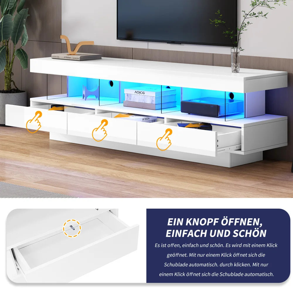 160 cm High-Gloss TV Stand with 3 Glass Compartments