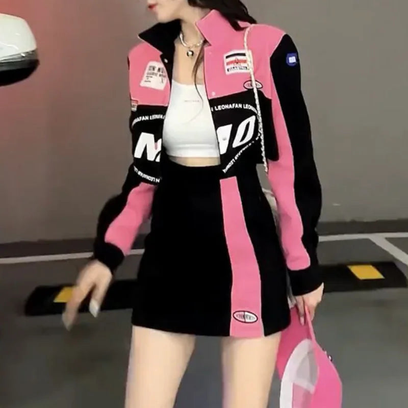 Women's Pink Biker Jacket & Mini Skirt Set