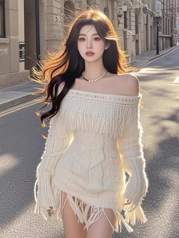 Off-Shoulder Long-Sleeve Knit Mini Dress