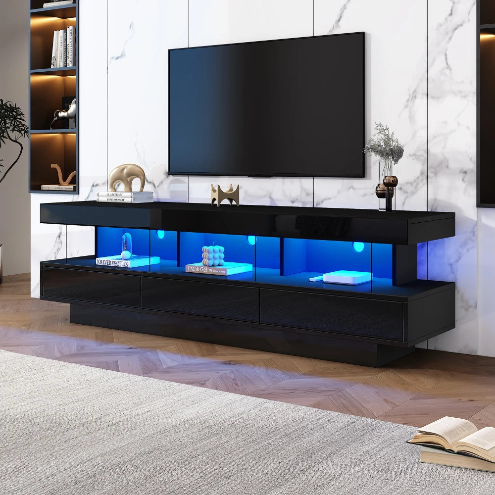 160 cm High-Gloss TV Stand with 3 Glass Compartments